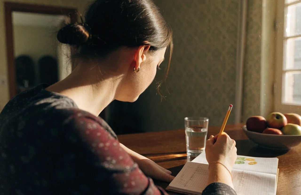 Over-the-shoulder view of a person working through a printed food diary at a kitchen table with a glass of water and apples