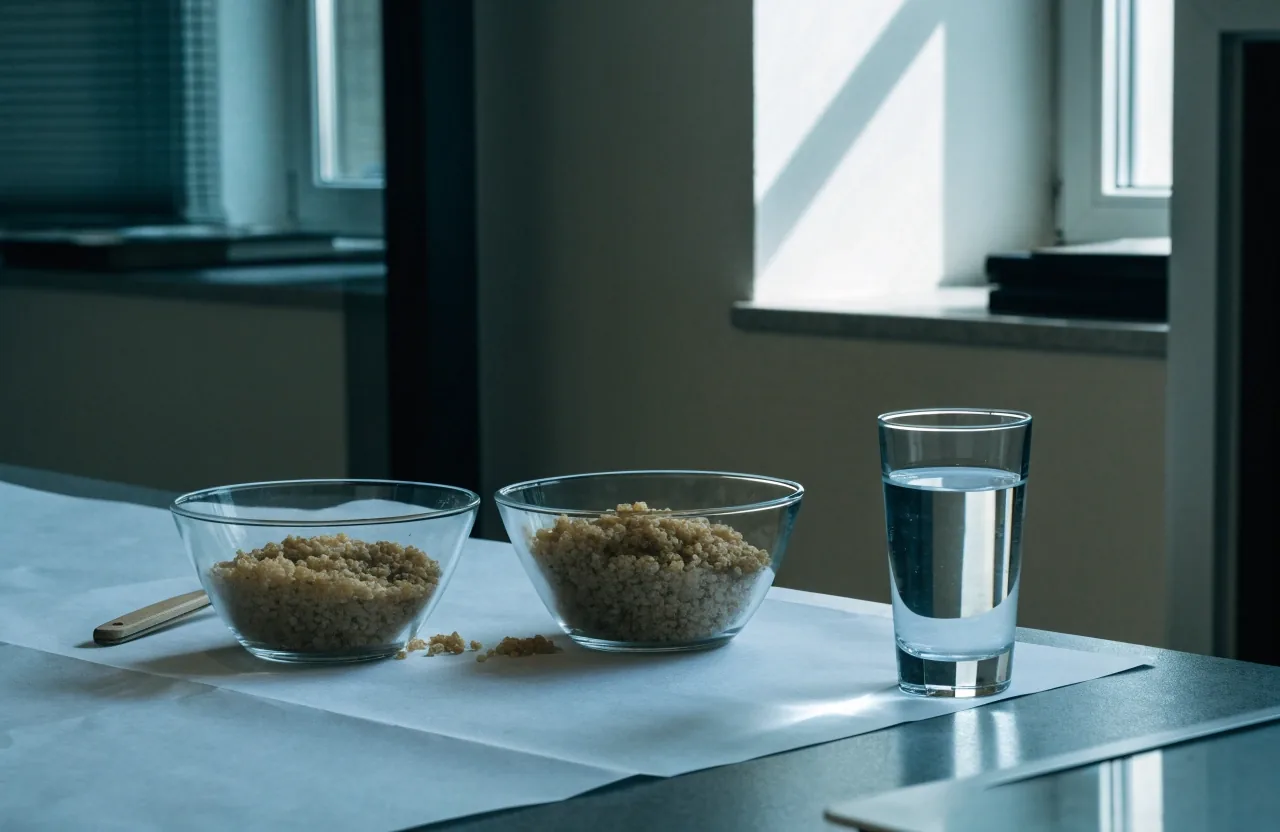Two small bowls of grains on plain paper on a kitchen counter, one partly eaten, with a glass of water beside them