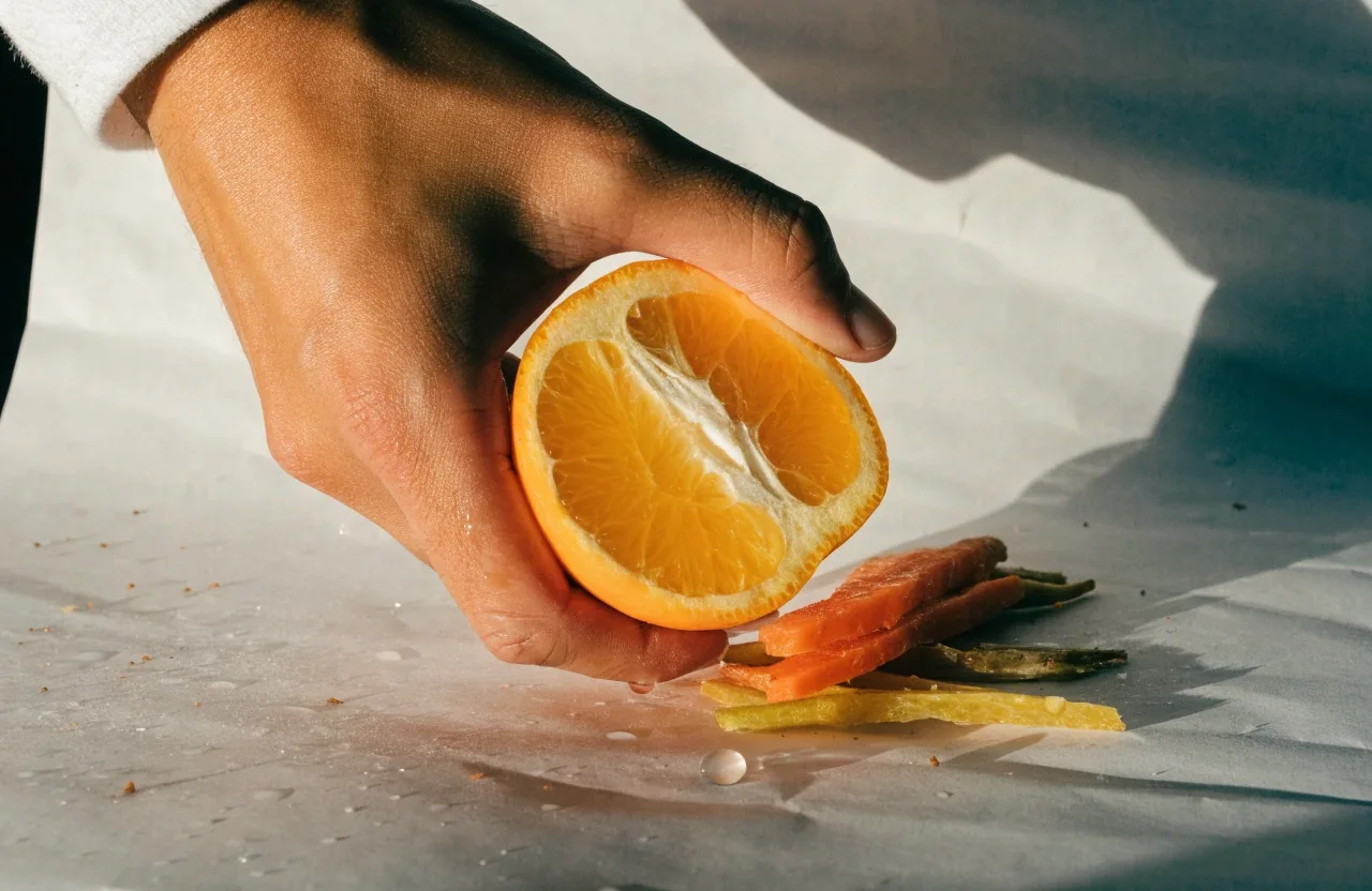 Fresh vegetables and a halved citrus laid on plain newsprint and held in a hand