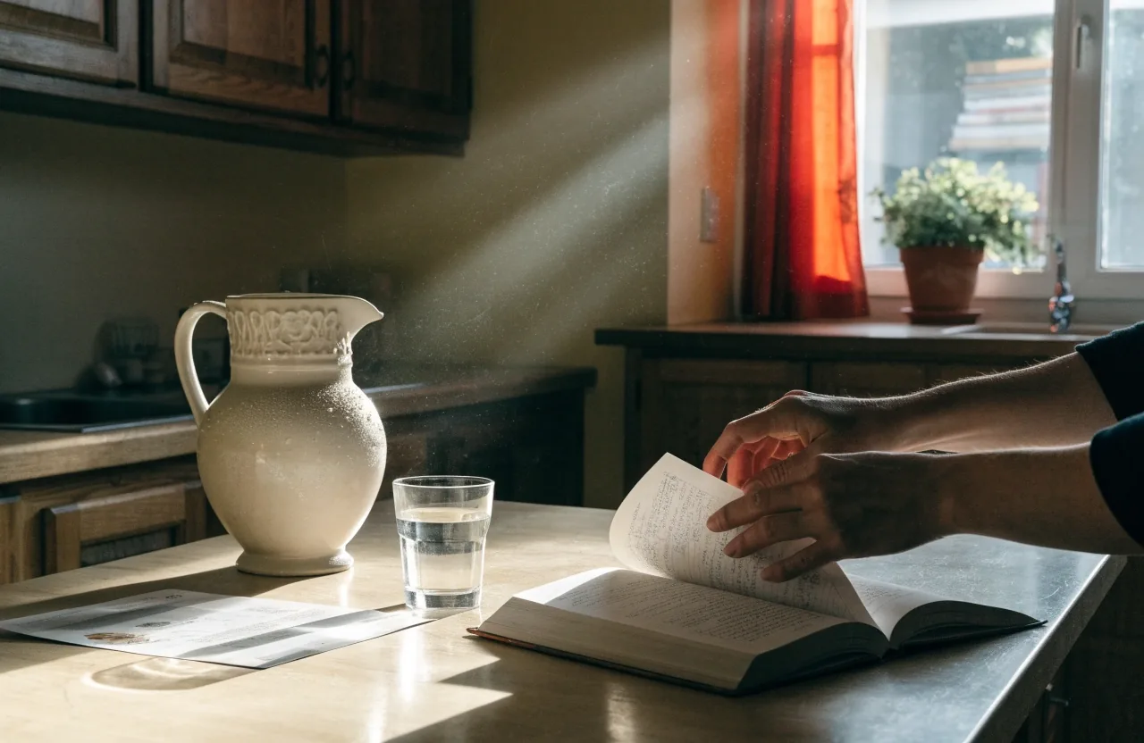 A Slovenian kitchen table at six in the evening with a food diary, a meal plan lying face-down, a glass of water and a beaded ceramic jug