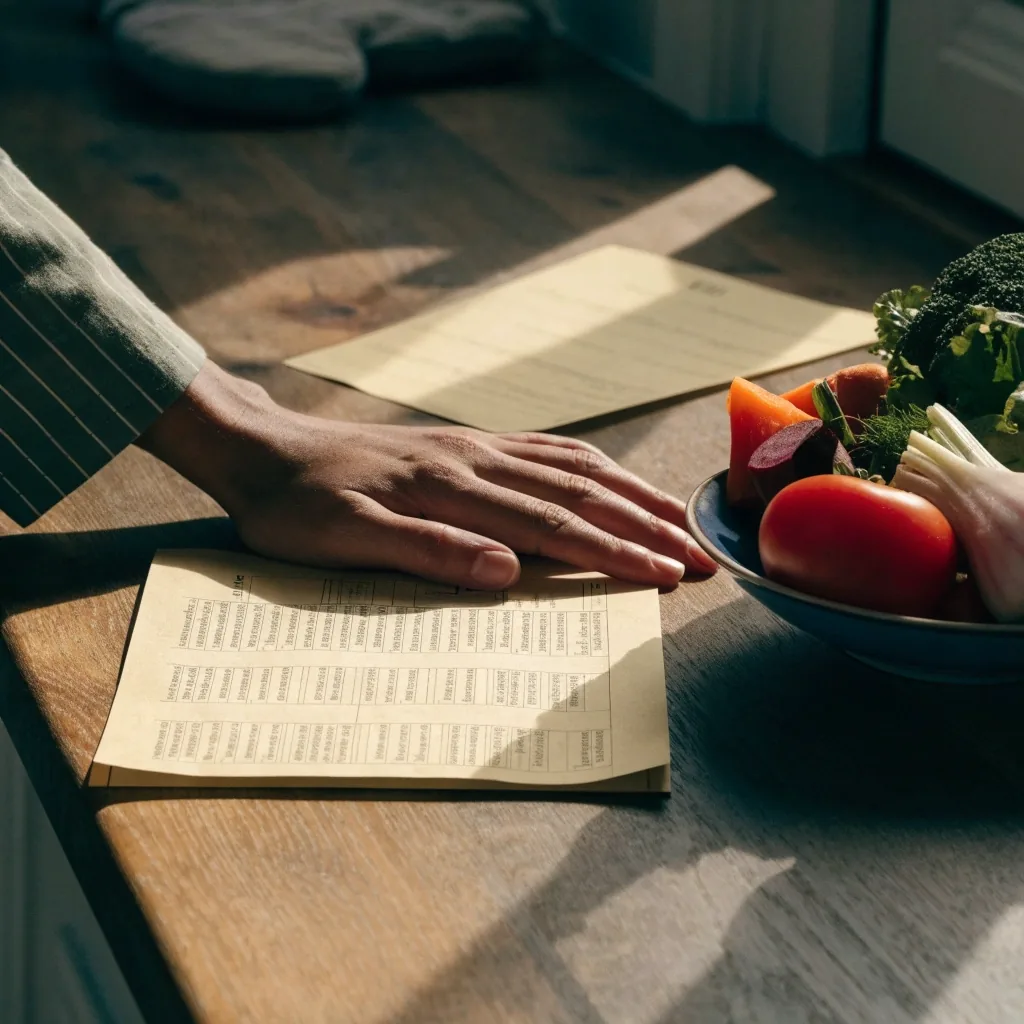 Two sheets of paper lying side by side on a wooden bench beside a small bowl of seasonal vegetables