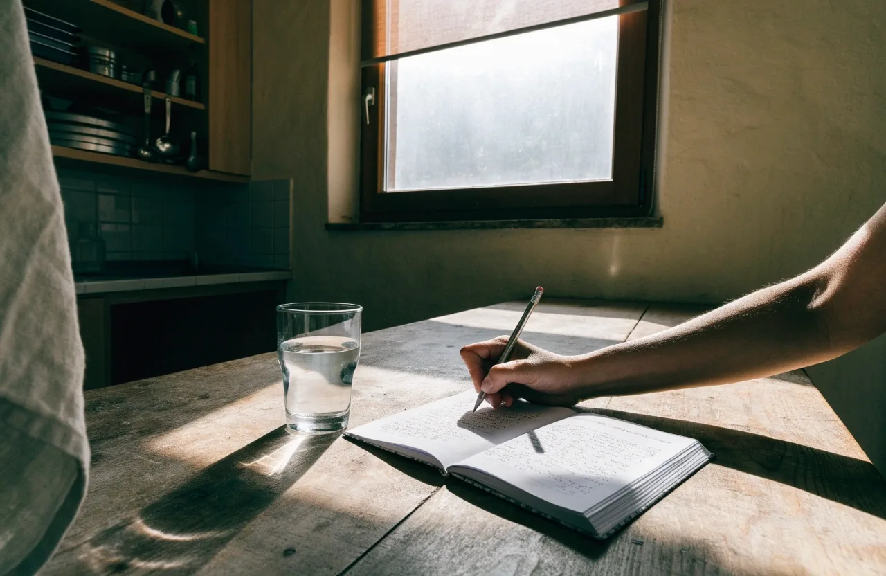 A hand writing in a food diary on a kitchen bench beside a glass of water