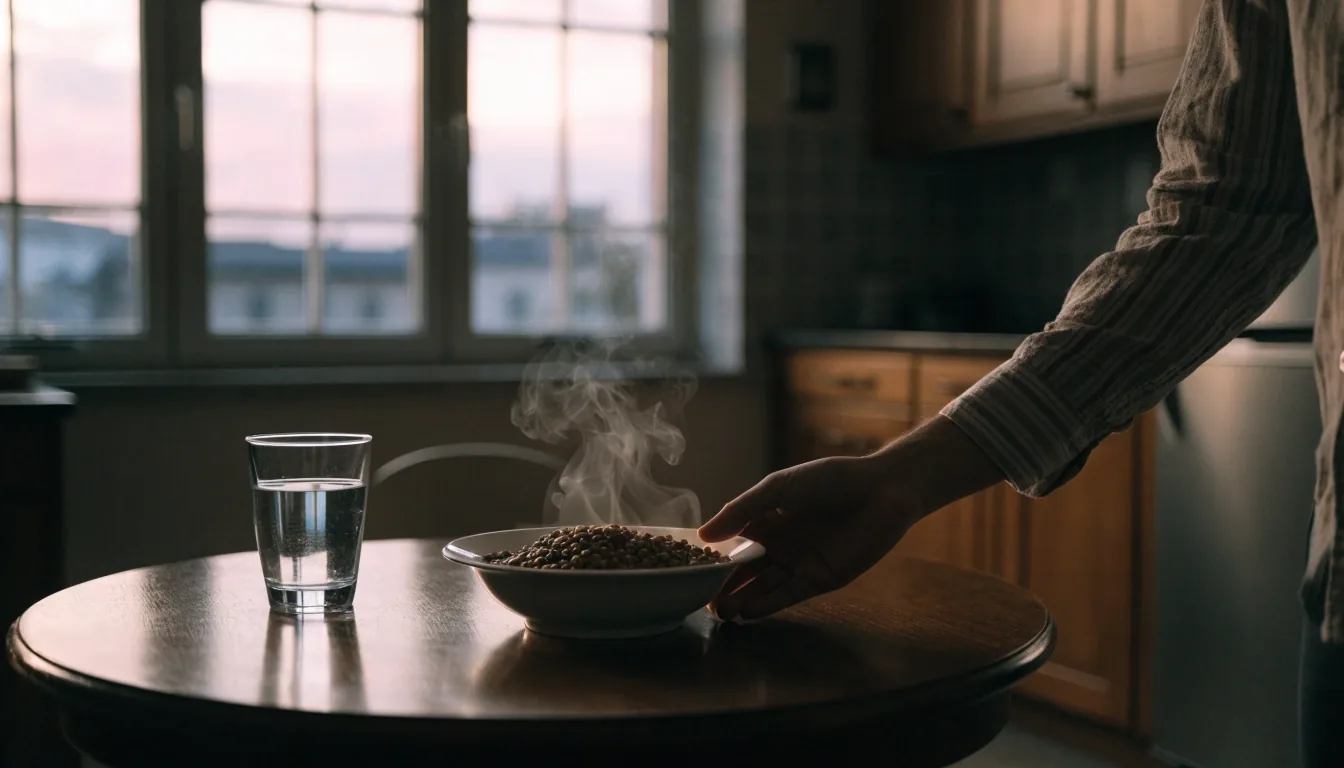 A kitchen table in the evening with a food diary, a glass of water and a ceramic jug