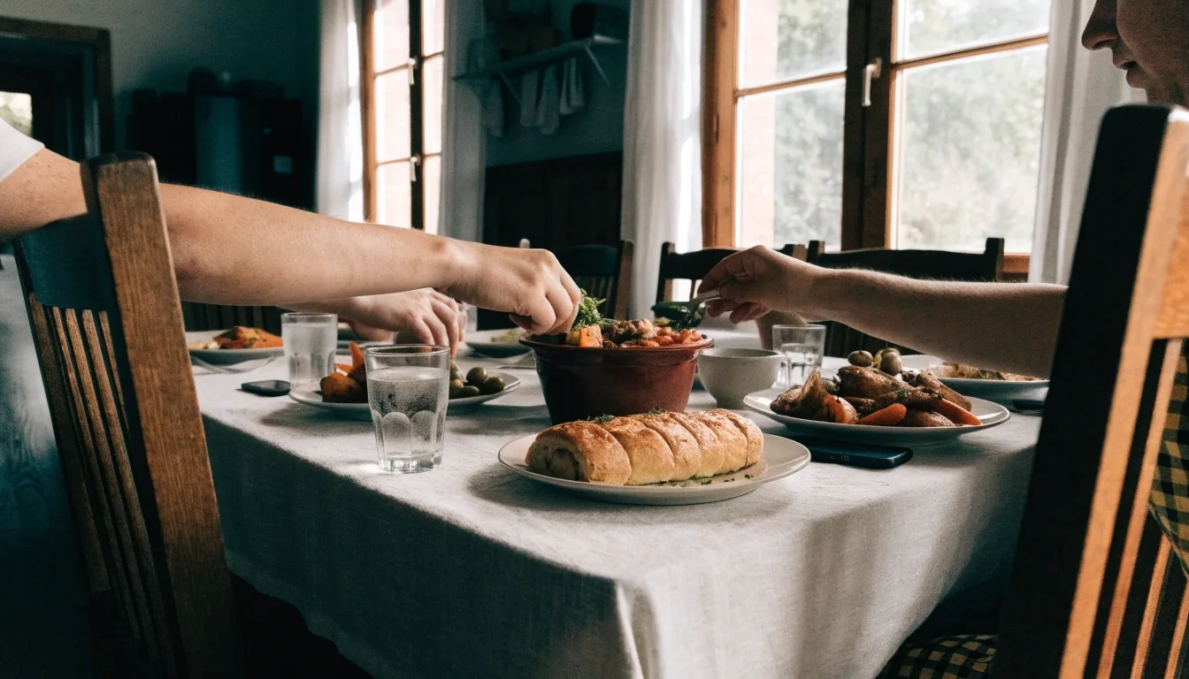 A long Sunday lunch table in a Slovenian home with hands reaching for shared plates of roast vegetables and a nut roll in soft window light